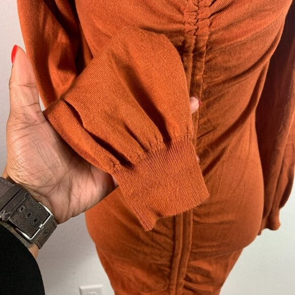 🟣🟣🟣 FOREVER 21 Women's Size Medium Burnt Orange Puff Sleeve Rouched Tie Fitte - Picture 7 of 10